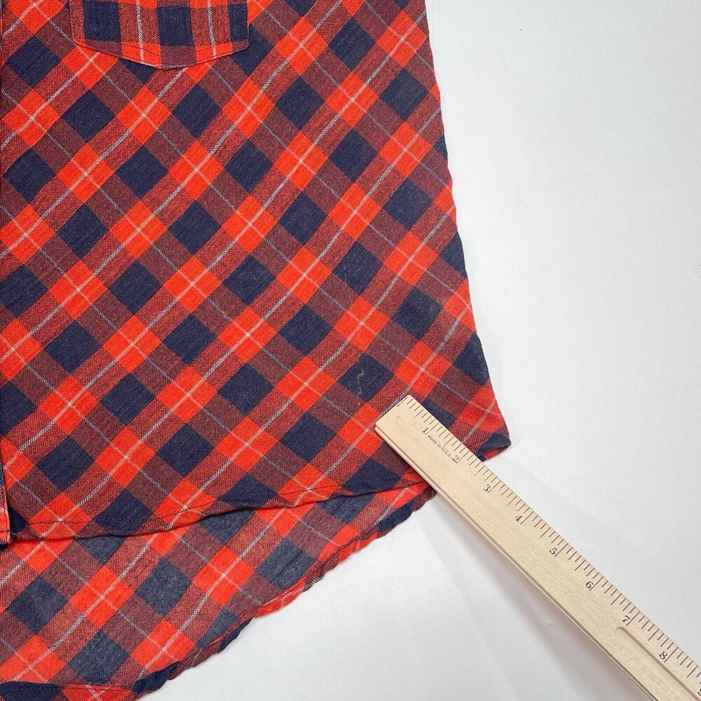 Free People Top Medium Orange Blue Plaid Snap‎ Button Front Relaxed Sheer Hi Low - Picture 6 of 10